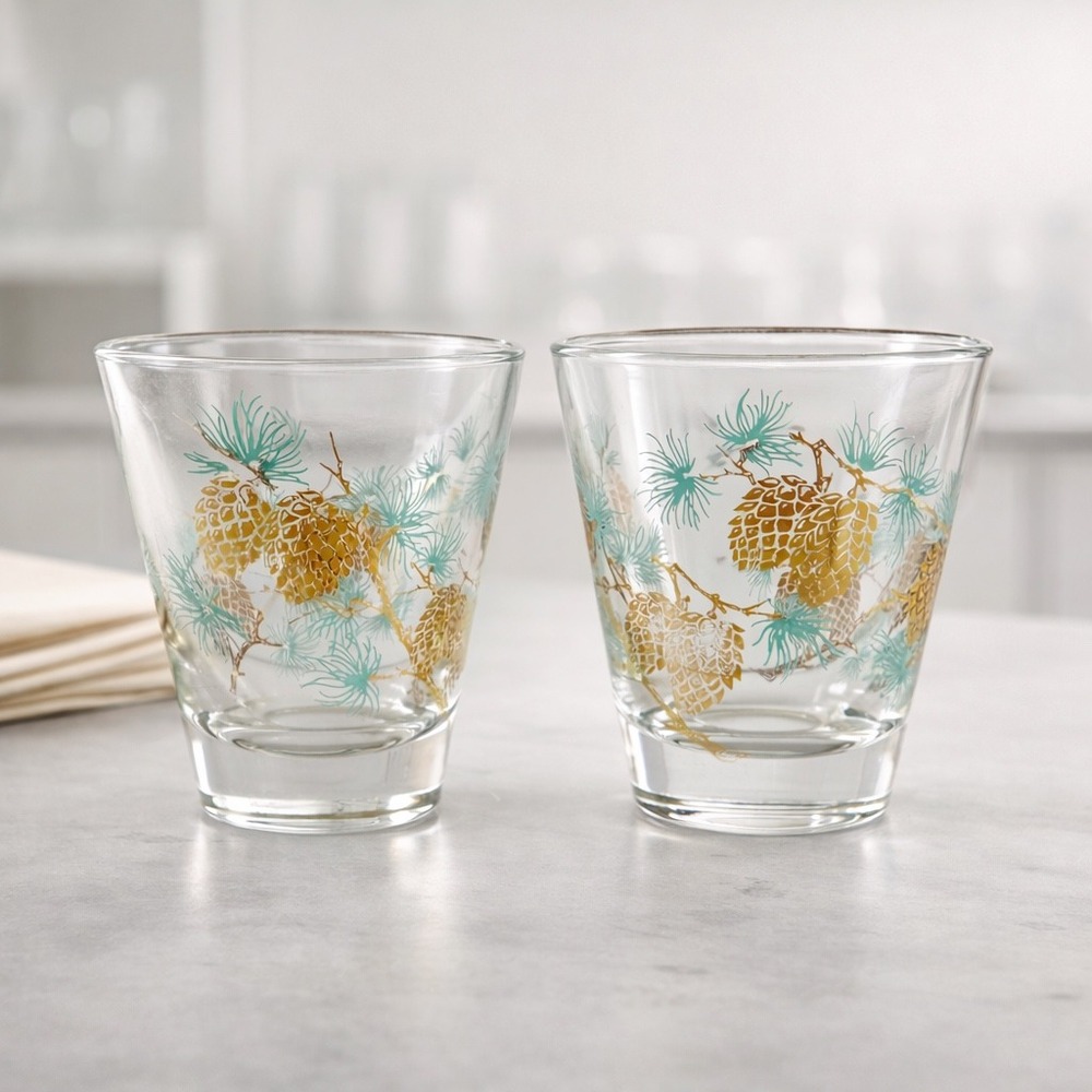 Vintage Libbey MCM David Douglas Turquoise Pinecone Glasses Lowball Set of 2